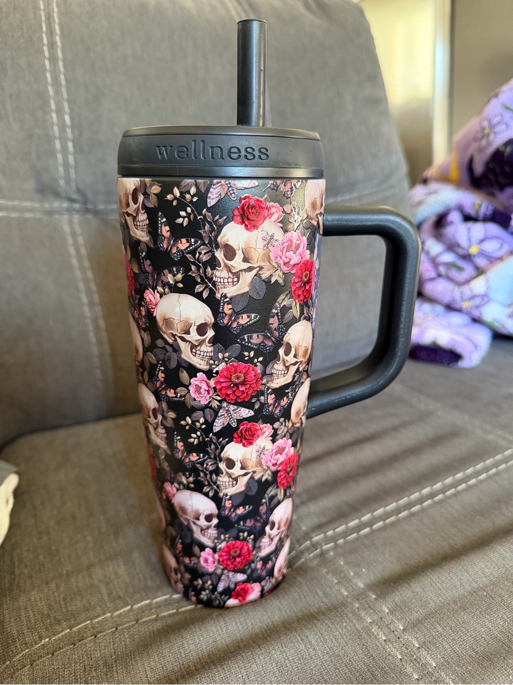 Black Floral Skull Travel Tumbler with Handle